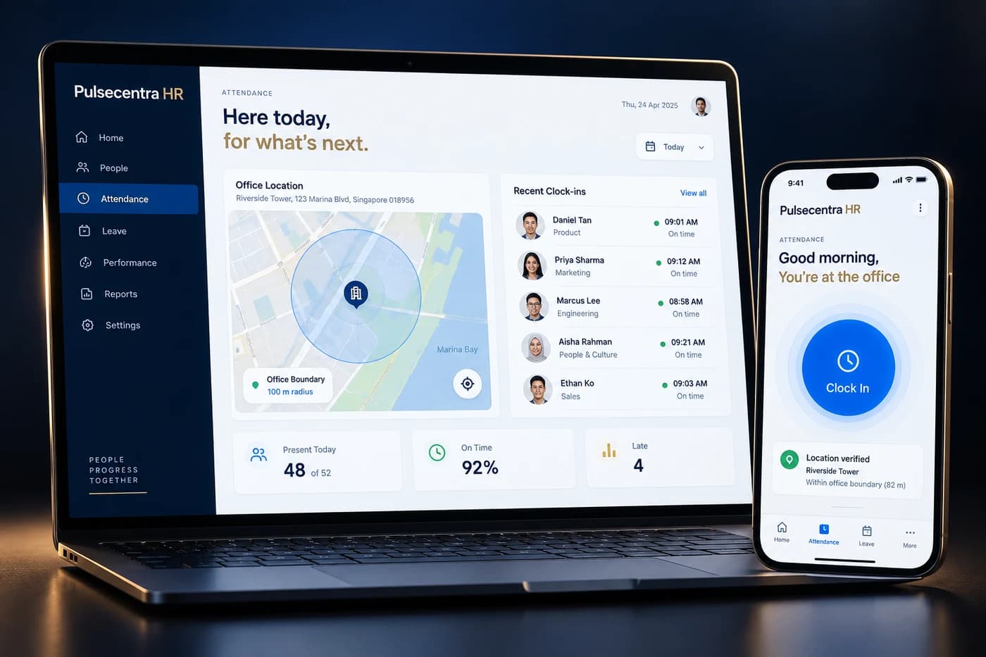 Laptop attendance workspace with office map and mobile clock-in