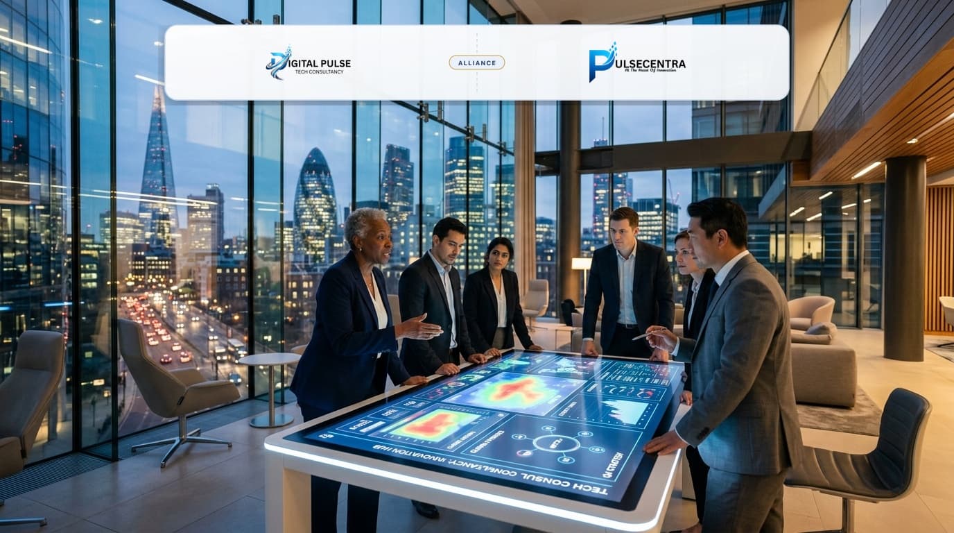 Digital Pulse Tech Consultancy and Pulsecentra executive boardroom strategy briefing with financial skyline